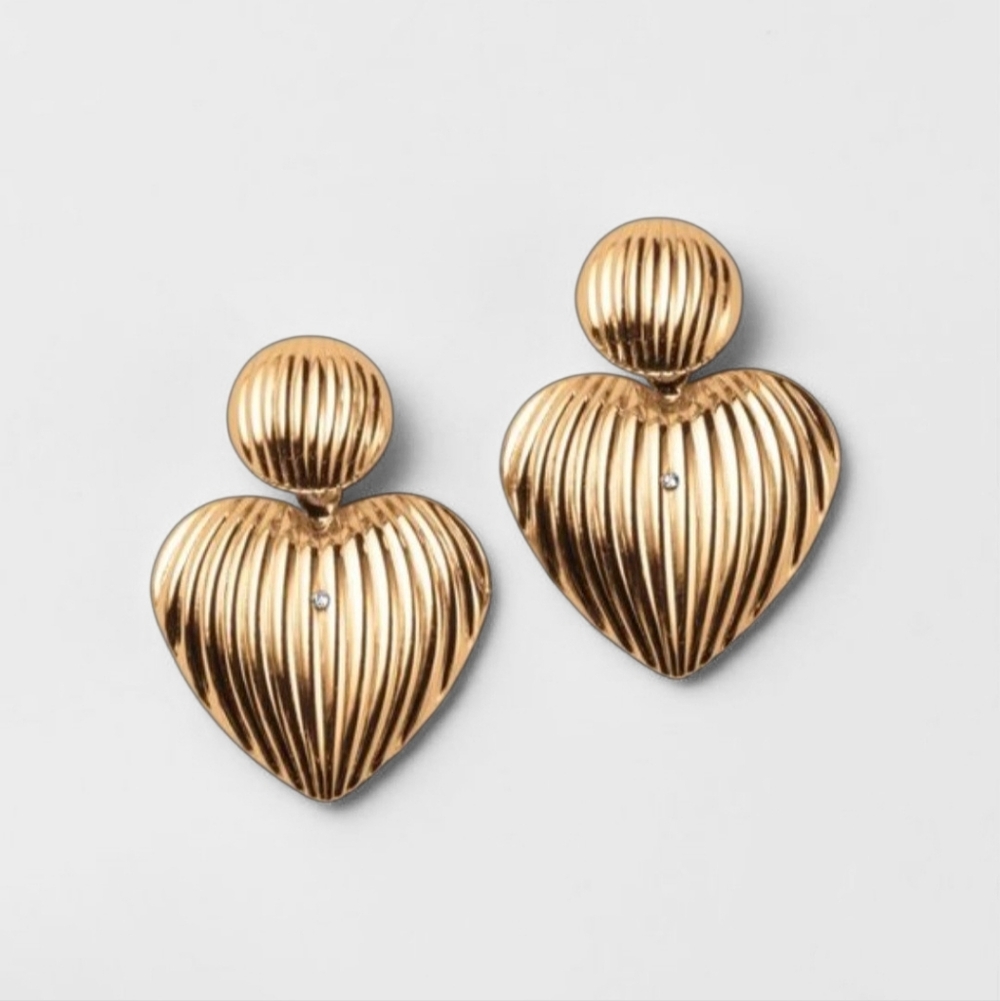 Avon Goldtone Heart Rippled Statement Dangle Earrings NEW